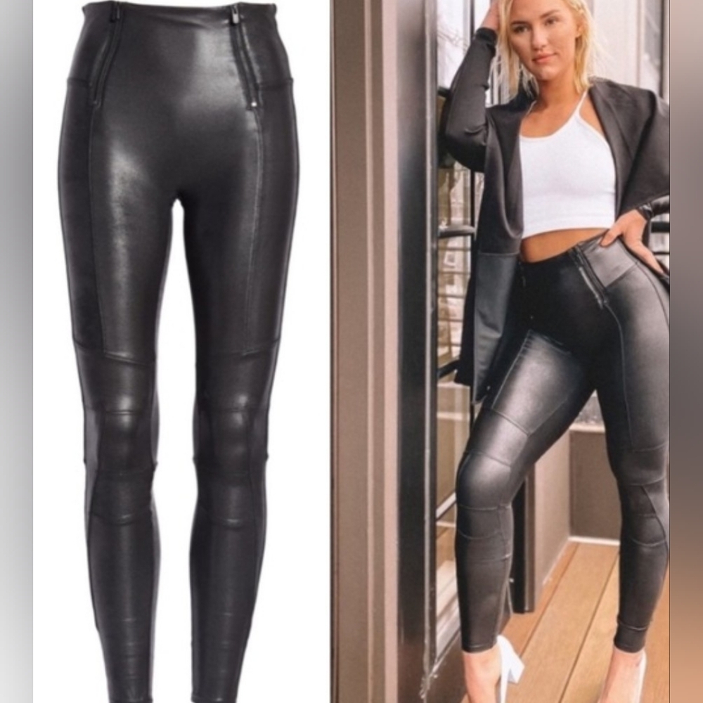 SPANX Sz Small Black Faux Leather Moto Leggings With Front Zips
